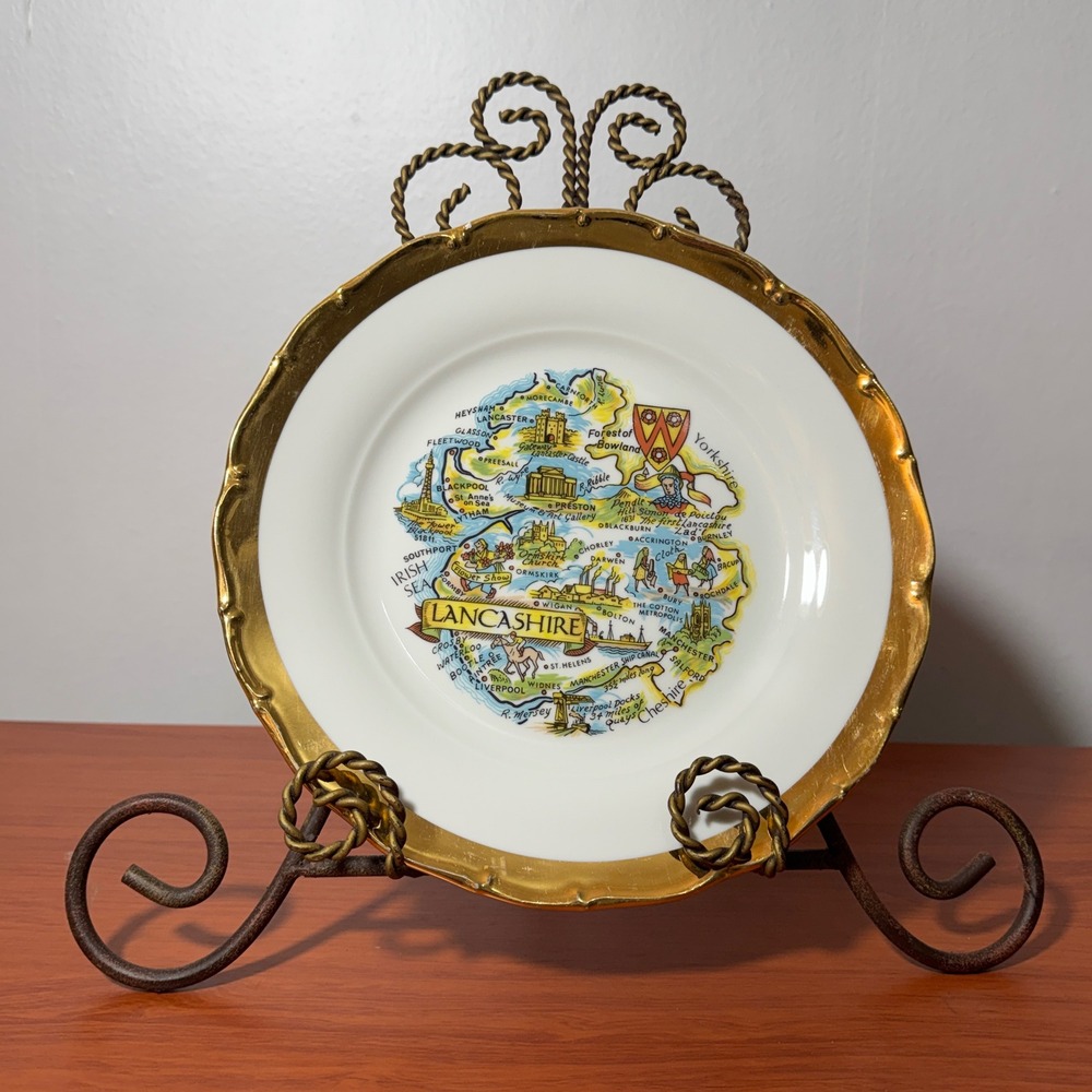 Vintage Bohemia‎ Czechoslovakia Lancashire England Map Souvenir Plate Gold Rim